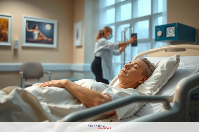 The image shows a hospital room where a patient is lying in bed. The environment includes medical equipment and the walls are decorated with artwork, providing a calm atmosphere.