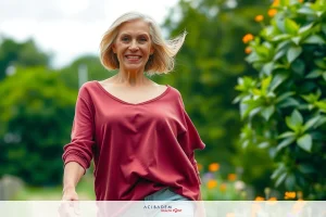 An older woman with short blond hair is walking outdoors on a sunny day. She's wearing a maroon top, and she appears to be smiling while looking ahead. There are trees in the background, suggesting this might be a park or rural area during springtime.