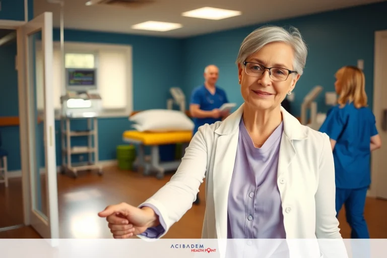 What is the Medical Term for Knee Replacement? The image depicts a hospital environment. There is a woman wearing a white lab coat and glasses, who appears to be giving directions or pointing towards something in the distance. The background shows medical equipment commonly found in a healthcare setting.