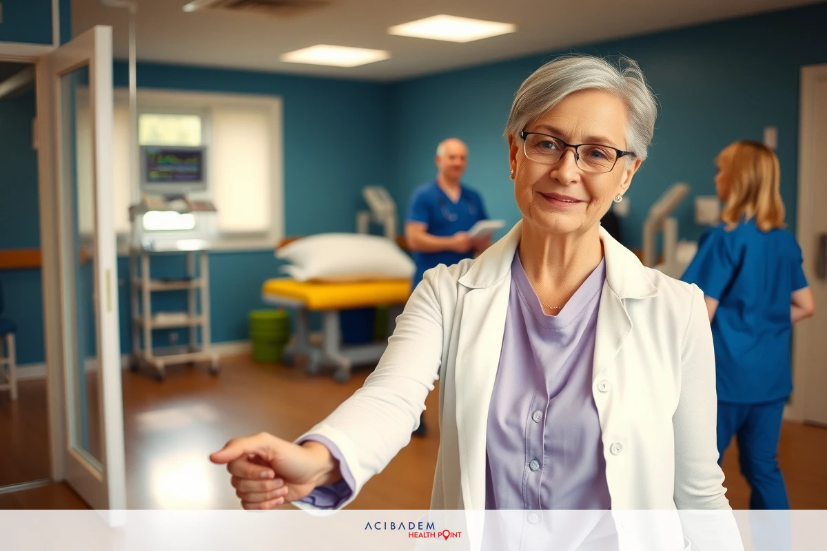 The image depicts a hospital environment. There is a woman wearing a white lab coat and glasses, who appears to be giving directions or pointing towards something in the distance. The background shows medical equipment commonly found in a healthcare setting.