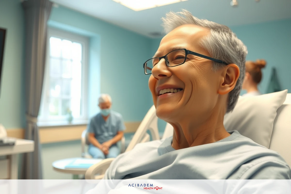 In the image, there is a patient in a hospital bed with medical staff surrounding him. The patient appears to be smiling and relaxed despite being hooked up to various medical equipment.