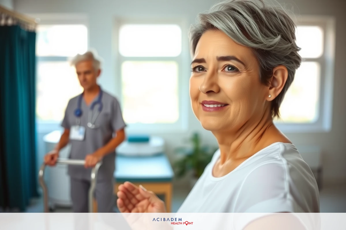 The image features an elderly woman seated in a hospital room, smiling towards the camera. The room is equipped with medical furniture like a bed.