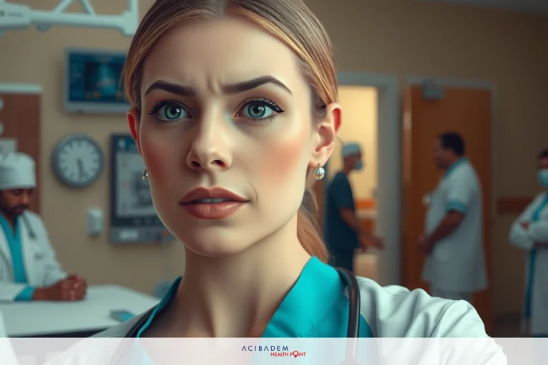 A woman in a hospital environment wearing a medical gown, looking to the side with a concerned expression. Her makeup is enhanced, featuring prominent eye shadow and high-definition skin texture.