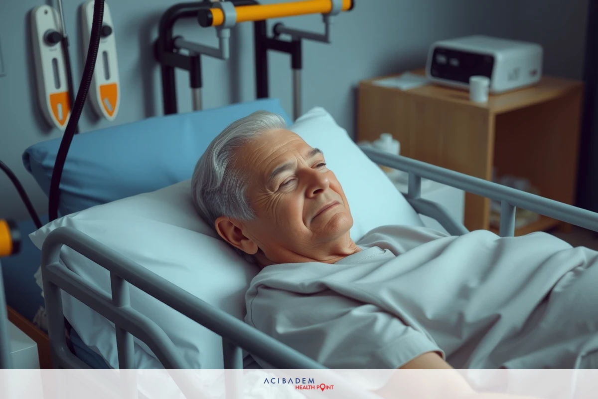 The image depicts an older man lying in a hospital bed, indicating a healthcare setting. The focus is on the individual's face and upper body, suggesting empathy or concern for their condition.