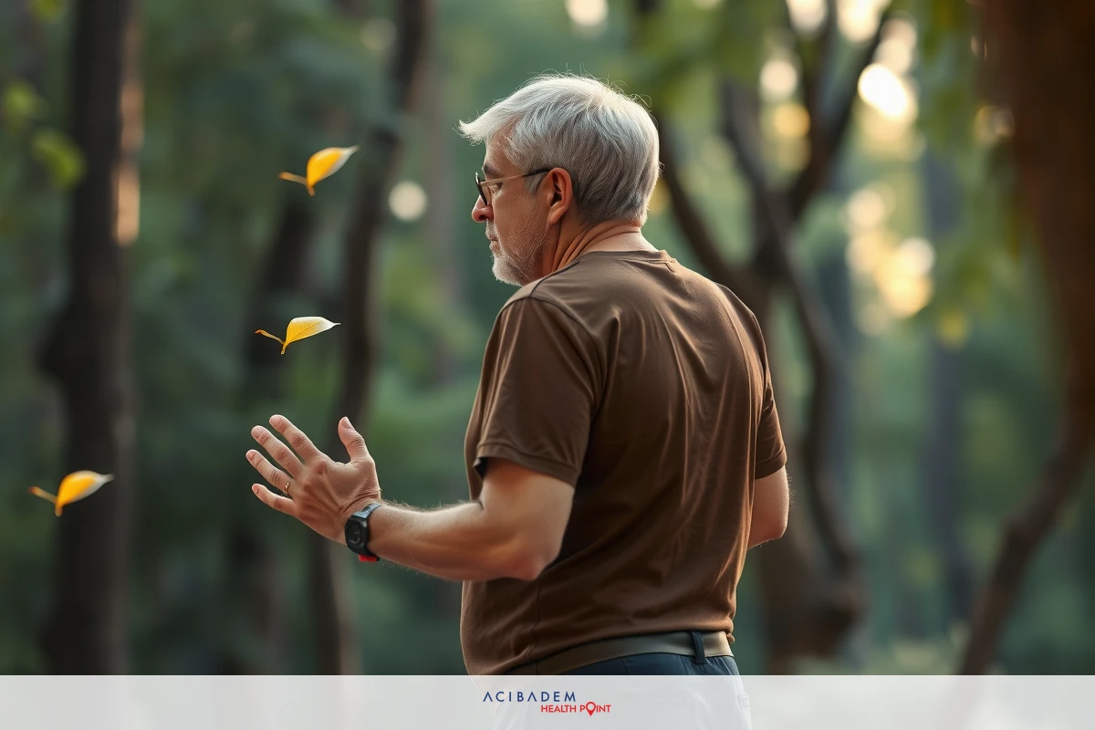The image depicts an older man in a park-like setting during what appears to be autumn. The environment includes trees and grass, suggesting a natural outdoor setting.