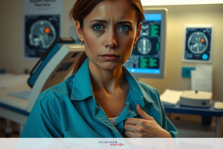 Can Triple Negative Breast Cancer Spread to the Brain? A woman wearing a blue scrub top, standing in a hospital environment, looking at the camera with an intense expression. The medical setting includes medical equipment and diagnostic screens.