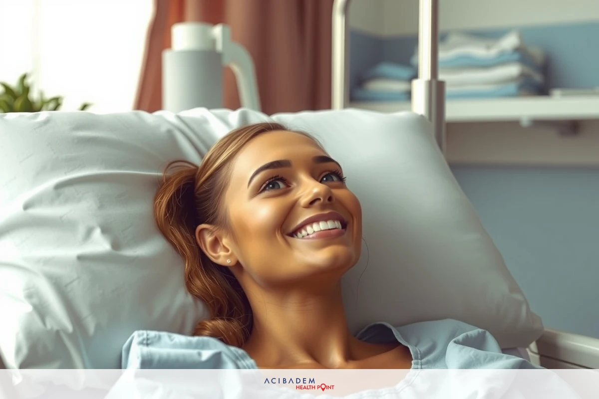The image shows a smiling woman in a hospital bed, wearing a medical gown. Her surroundings suggest she is in an intensive care unit or a high-tech healthcare setting with modern medical equipment and a calming blue and white color scheme.