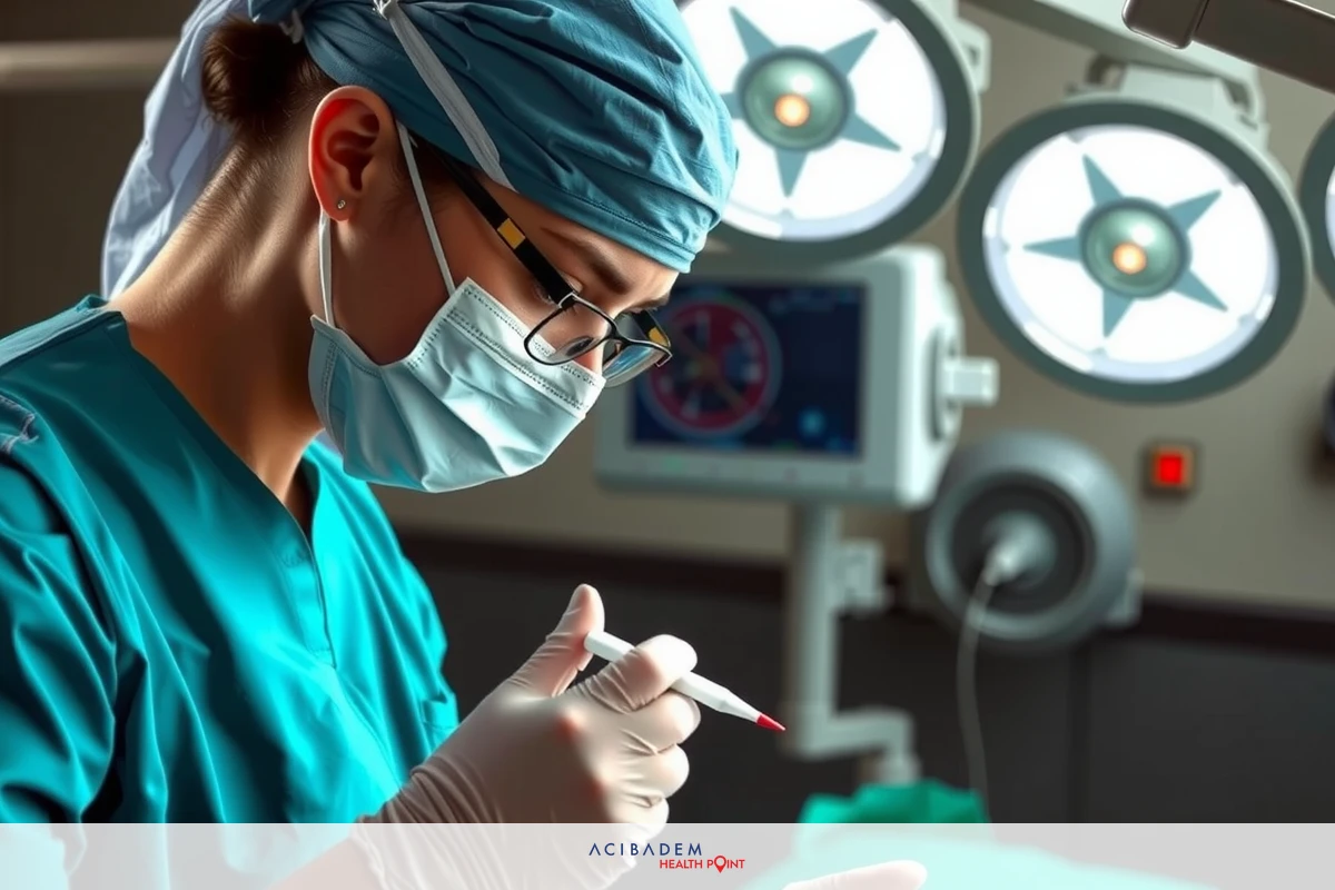 A surgeon wearing a surgical mask and scrubs is seen administering an injection to a patient. The operating room is equipped with medical equipment such as a surgical light.