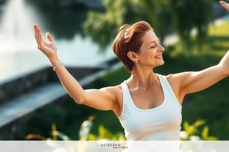 The image features a woman practicing yoga or meditation. She is outdoors, surrounded by greenery and what appears to be a man-made water feature in the background.