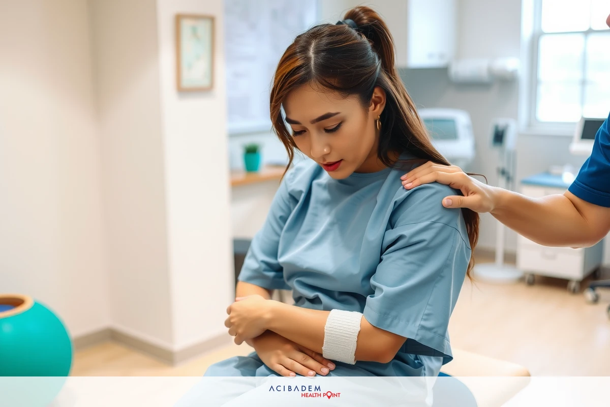 A woman in a medical setting, lying on an examination table. She is wearing blue scrubs and has a bandage on her arm.