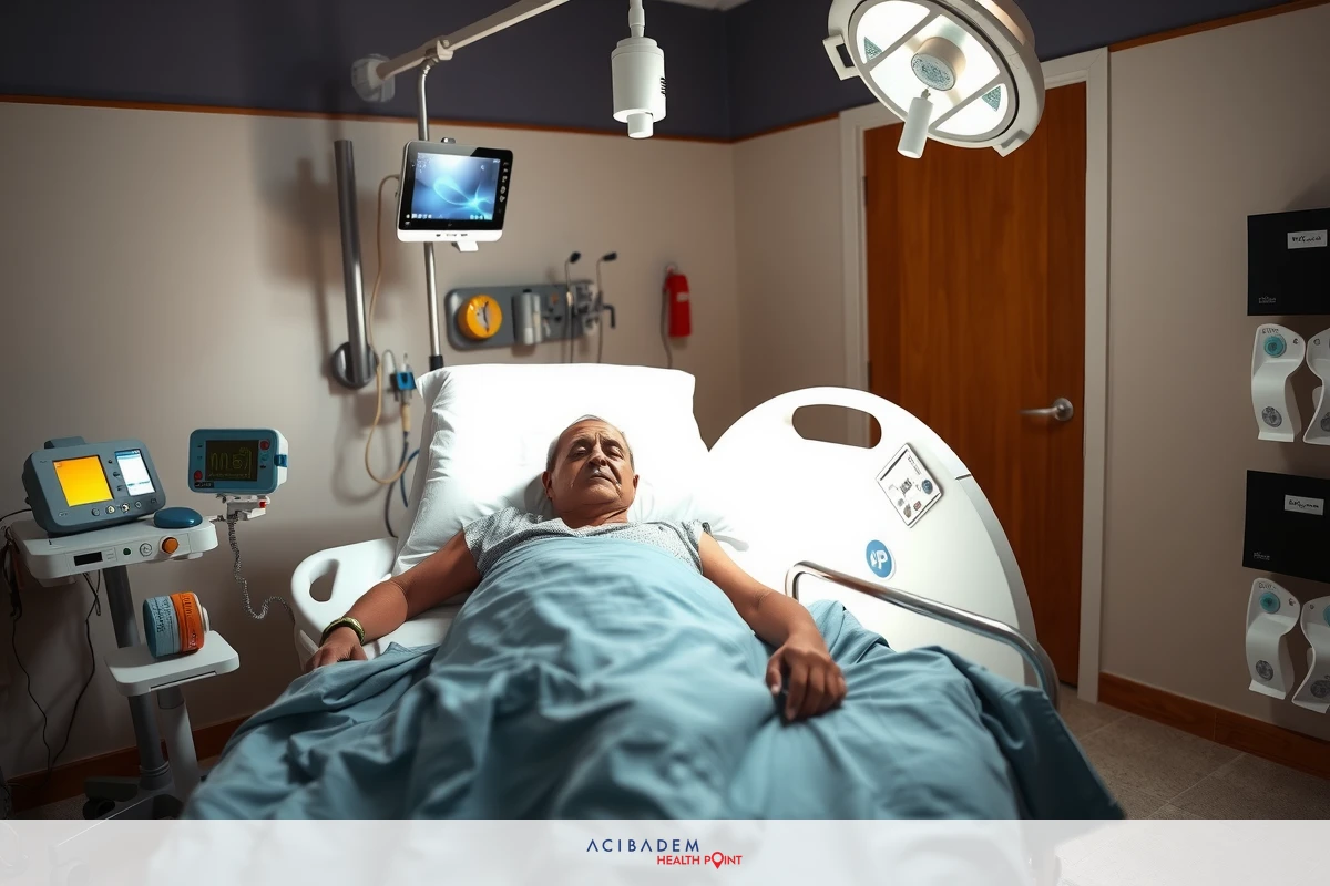 The image shows an older adult lying in a hospital bed, surrounded by medical equipment. The room is brightly lit and appears to be a typical hospital ward or emergency room setting.