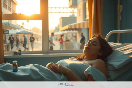 Can I Fly After Hip Arthroscopy? The image shows a hospital room during sunset. There is one person in the foreground, lying on a bed and facing away from the camera.