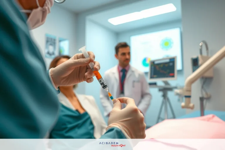 What is Biological Therapy for Breast Cancer? The image shows a medical setting with a patient lying on an examination table and two healthcare professionals. One professional is administering what appears to be an injection or IV, possibly as part of a treatment or procedure.