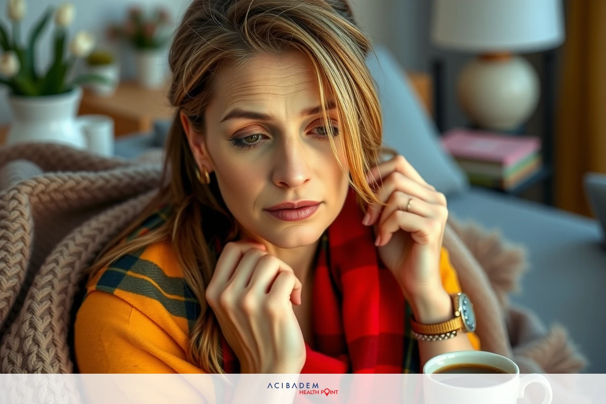 The image shows a woman sitting on a couch, wearing a warm-colored sweater and a scarf. A cup of coffee is placed beside her probably on a table not visible. The environment suggests an indoor setting with soft lighting and comfortably furnished room.