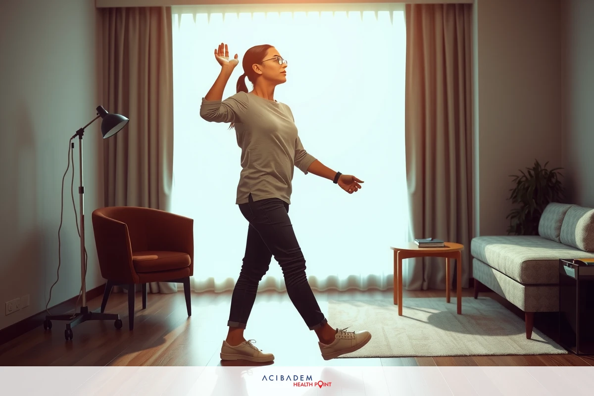 A person in a brightly lit living room with light wooden floor, wearing casual attire and sneakers, walking energetically.