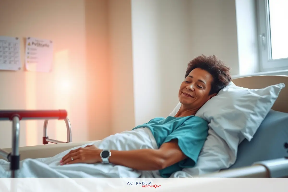 The image shows a woman lying in a hospital bed. She appears to be smiling or laughing, indicating a positive mood despite being in the hospital setting. 