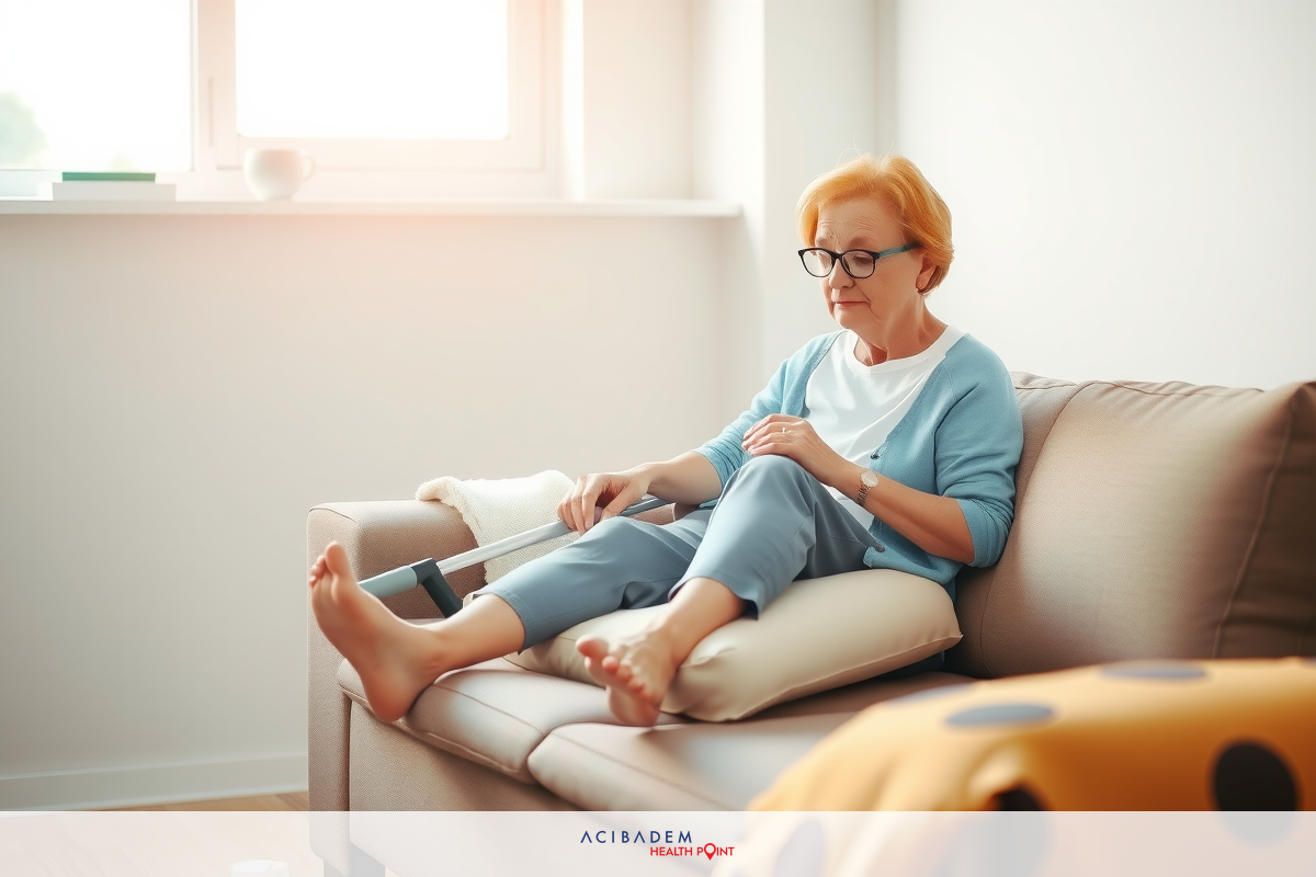 The painting depicts an elderly woman with light hair, wearing glasses and a blue cardigan, sitting on a sofa with her legs propped up on a pillow. She appears to be in a comfortable home environment. The room has natural light coming through a window and is decorated with neutral colors.