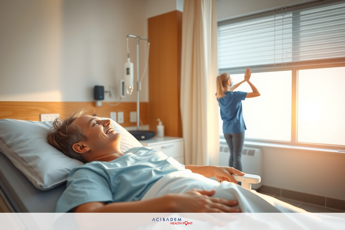 The image captures a moment of serenity in a hospital room. A patient is lying on the bed, The window next to the bed is open, letting in soft natural light that illuminates the room. It appears to be either sunrise or sunset outside, as indicated by the warm hues of the light coming through the window.