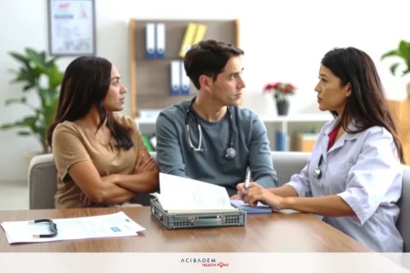 Three professionals seated at a desk in an office. Two women, one holding paperwork and pen, appear to be reviewing with the man, who is possibly a doctor or medical professional based on his white coat.