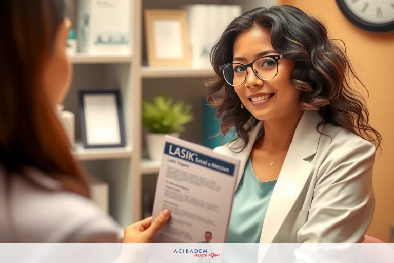 Does LASIK Fix Eye Floaters? A young female doctor in glasses, smiling at another woman who is handing her a pamphlet. The setting appears to be a professional office with medical-related items.