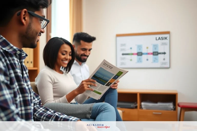 Three friends engaged in conversation, smiling and laughing. They are seated around a desk with an open booklet showing a presentation or brochure. The environment suggests a professional or educational setting. Casual clothing indicates a relaxed atmosphere, while the content of the booklet implies they might be discussing work or academic topics.