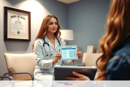 The image shows a female doctor seated at a desk in an office setting. The office is well-lit with professional decor, including framed diplomas on the wall behind her. The doctor is holding a tablet computer displaying patient information, suggesting she may be reviewing medical records or preparing for a consultation.
