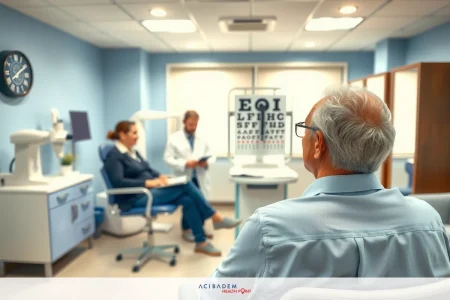 The image depicts an optician examining a patient's eyes. The optician is sitting in front of the patient, using equipment to test vision. There are two chairs and desks visible, suggesting a clinical office setting.