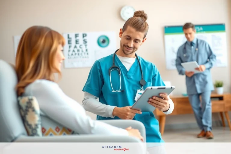 A medical professional in a clinical environment interacting with a patient, focusing on care and consultation.