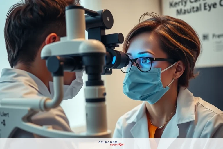 Two people, likely optometrists, wearing blue surgical masks and white lab coats. They are examining a patient's eyes through an ophthalmic lens. The background suggests a professional medical setting.