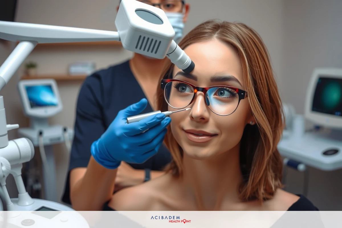 The image depicts a woman sitting in a medical chair, having an eye examination or possibly another medical procedure. The dentist, wearing gloves, is standing beside her and appears to be conducting the examination. Both individuals are in a well-lit clinical setting with various dental equipment visible in the background.
