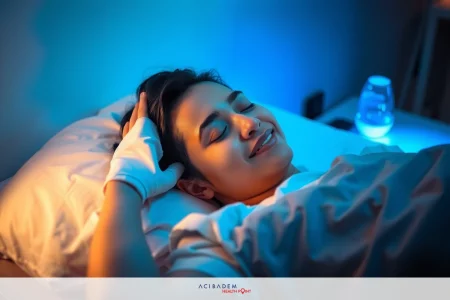 A young woman with bandaged arms and a joyful expression, lying in a hospital bed. The room is dimly lit with blue lighting. Her face shows happiness.