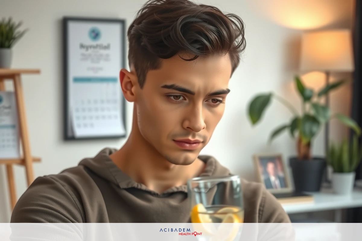 This is an image of a young man sitting at what appears to be a desk or counter. He has short dark hair and is wearing a brown hoodie with the hood up, which suggests a casual setting. The background includes blurred elements that suggest an indoor environment, likely an office or home space.