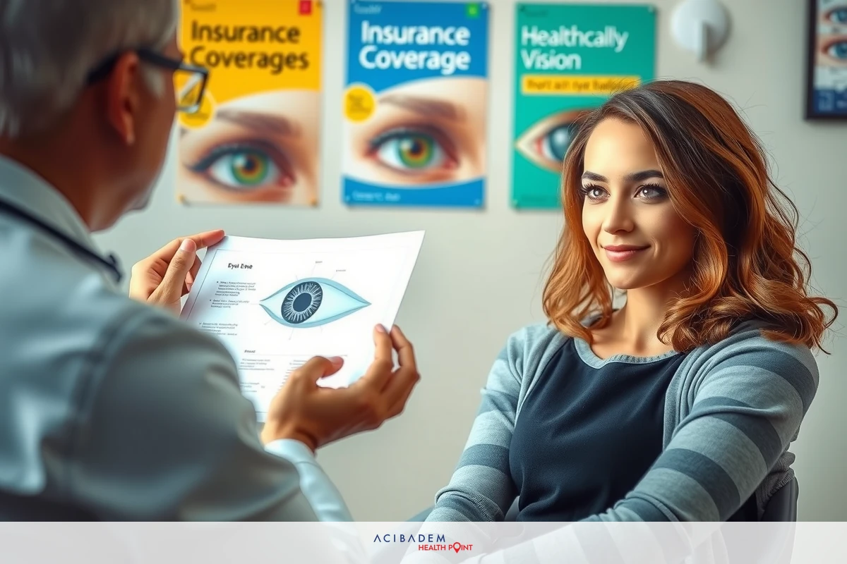 A professional eye examination setting with two individuals engaged in an ophthalmic consultation, where one person is holding a printed document possibly related to vision health or treatment options.