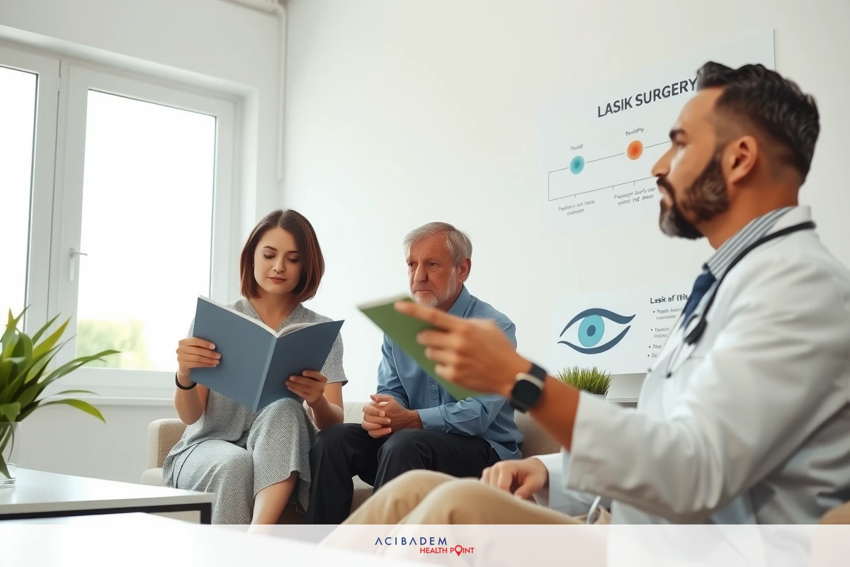 In the image, there is a group of three individuals in what appears to be an office or waiting room environment. There is a woman seated and reading a blue book, while two men sit facing her; one man is holding out his arm with a device attached to it, possibly indicating he's conducting an examination or monitoring the device. The overall atmosphere suggests a professional setting focused on healthcare or medical consultation.