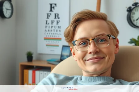 Smiling woman in glasses relaxing on a beige armchair, office environment with a desk, books, and clock in the background.
