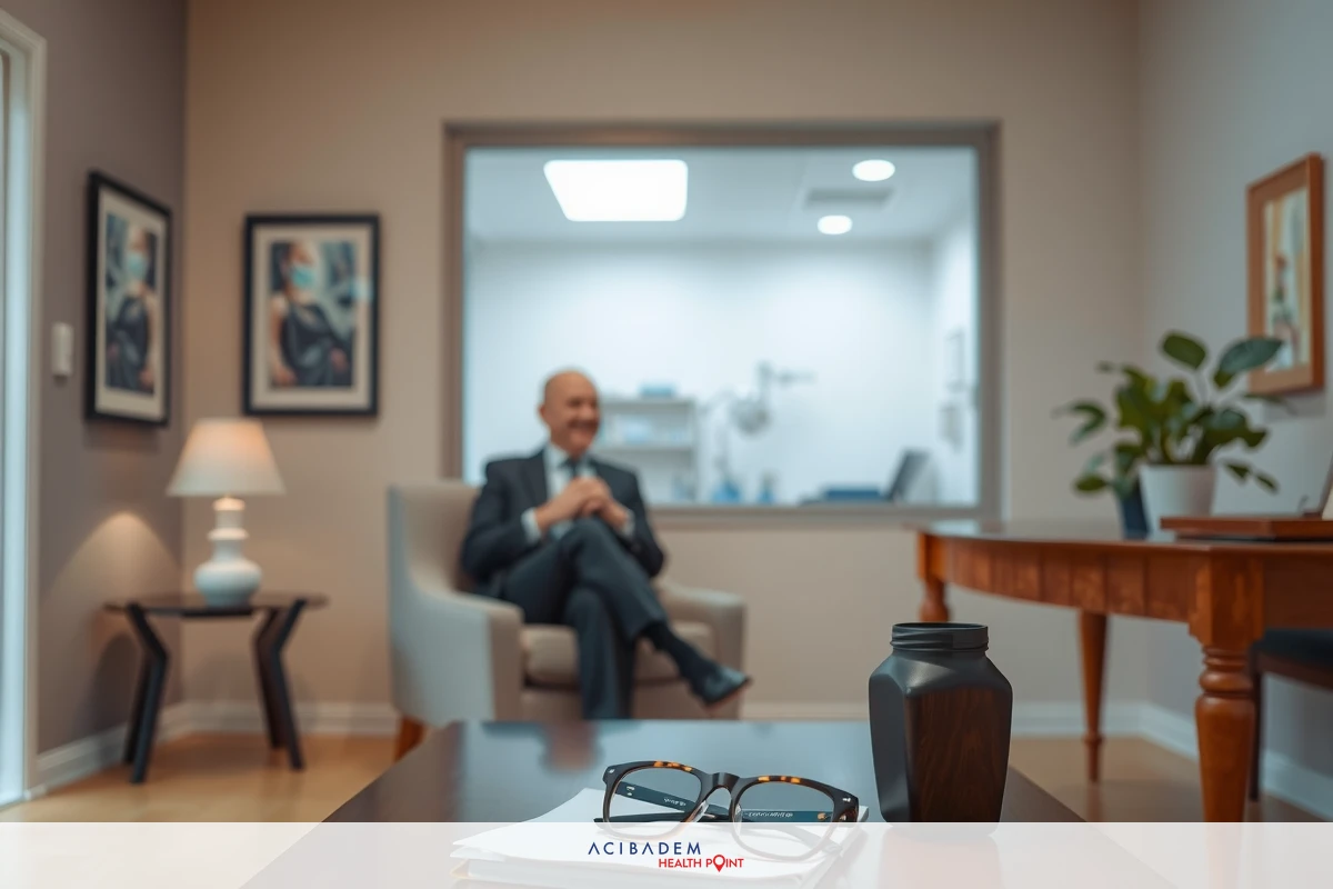 This image shows a professional office environment. The focal point is an older gentleman seated comfortably in a chair, dressed in business attire with a tie visible. He appears to be deep in thought or perhaps waiting for someone. A desk is present with several objects including a computer monitor, books, a lamp, and personal items such as glasses and a bottle.