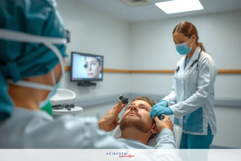 The image captures a professional medical setting where two doctors are performing hair transplant surgery. One doctor, wearing a surgical mask and scrubs, is operating on the head of a patient who is seated on a hospital bed. The second doctor stands by, observing the procedure closely. The clinical environment suggests a well-lit and sterile space typical of modern medical facilities.