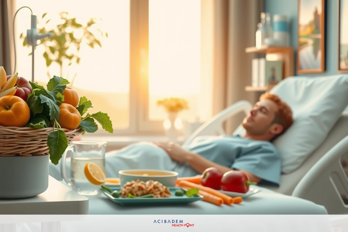 Healthy food and fruits arranged neatly on a tray placed beside the hospital bed. The man is lying down, smiling towards the viewer, suggesting a positive outlook during his recovery process.