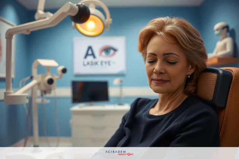 Woman sitting in a medical chair with her eyes closed, likely undergoing an eye examination or treatment at a clinic.