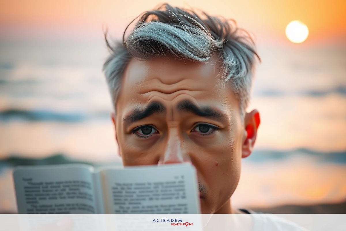 A man is sitting on a beach at sunset, reading a book. He has short gray hair and is wearing a light-colored shirt.