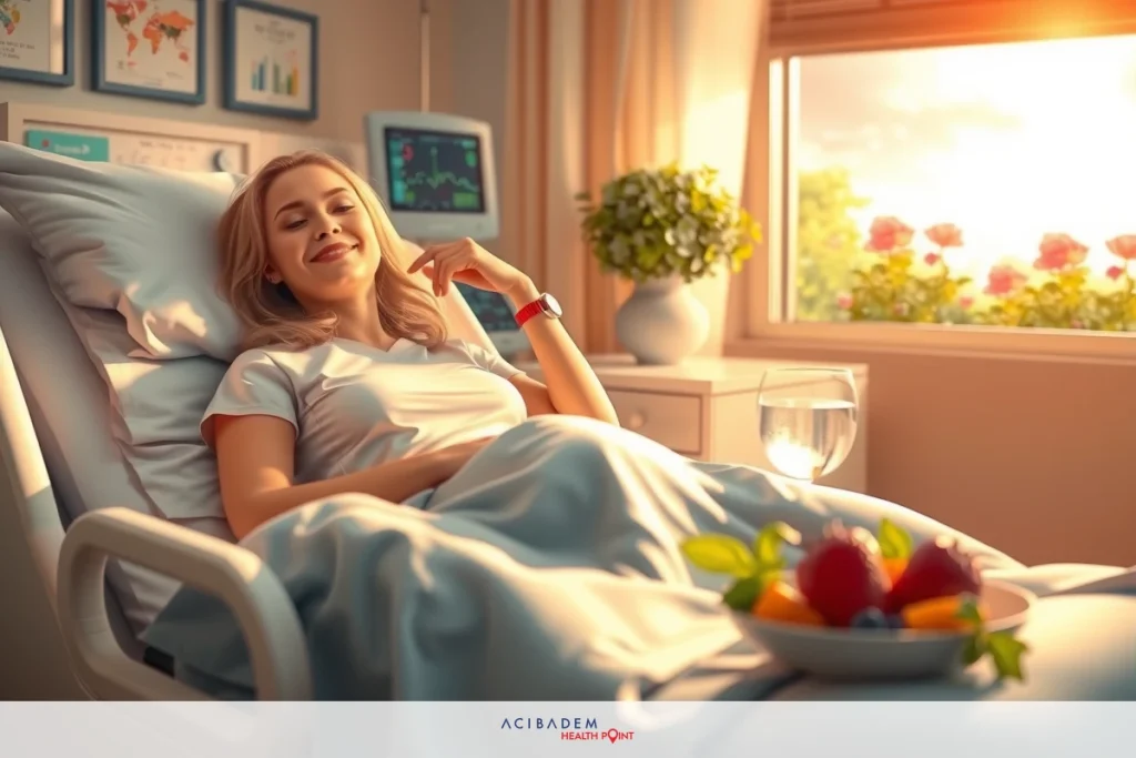 An image of a woman lying in a hospital bed, smiling and enjoying fruit. She is in a brightly lit room with large windows showing a view of a garden outside.