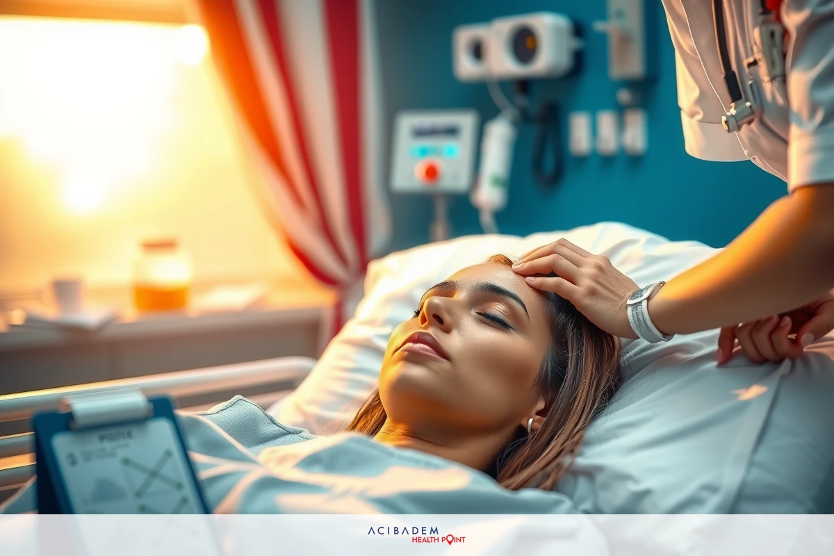 A medical professional tending to a patient in the hospital. The nurse is checking vital signs.