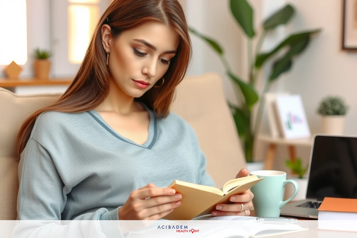 A woman sitting on a sofa, engrossed in reading a book. She is wearing a gray top and has long dark hair. The room is cozy with indoor plants around her.