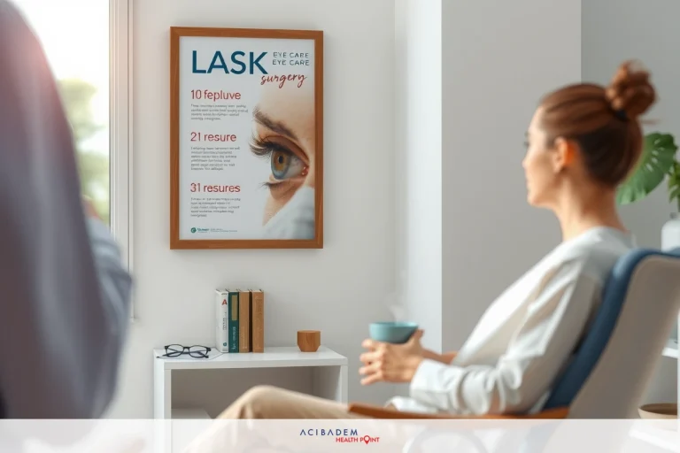 The image depicts a professional setting, possibly a healthcare clinic or consultation room. There is a person sitting comfortably in a chair, holding a coffee cup, wearing casual attire. Another person stands beside the seated individual, engaged in conversation while wearing business-casual clothing and a light jacket. The room has various pieces of furniture including a desk with books, suggesting an environment for personal interaction or consultation.