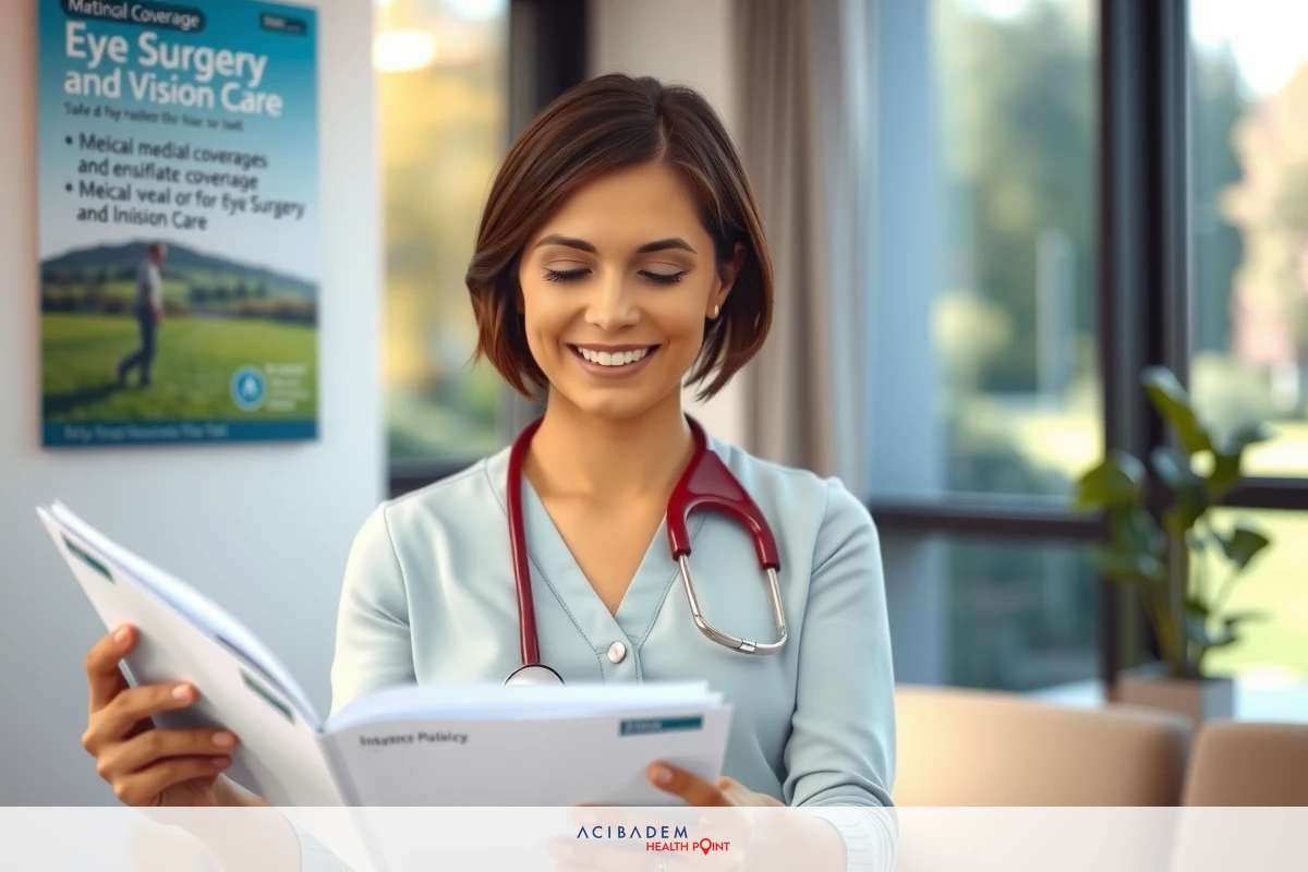 A woman in a blue nurse uniform is reading medical paperwork. She has short hair and is wearing glasses. The room has natural light coming through a window.