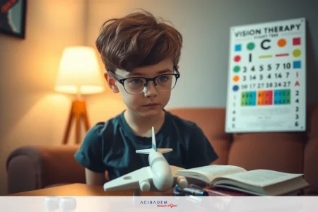 In the image, there is a young boy with short brown hair and glasses. He appears to be sitting at a desk or table, looking down, possibly reading or writing.
