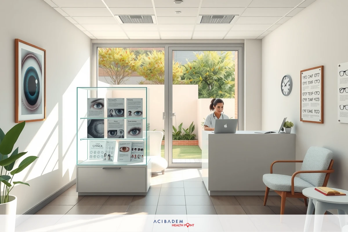 This is an interior image of a clean, modern eye care office. There's a reception area with sunlight streaming in through the large glass windows and doors. A woman is seen seated at a desk with a laptop computer. The room features sleek decor.