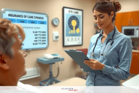 A woman in a doctor's uniform, standing next to an older patient who is on a hospital bed. The doctor holds a clipboard and looks at her notes while the patient seems to be being examined.