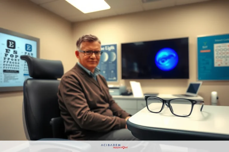 Is 62 Too Old for LASIK Eye Surgery? Man sitting in a modern, well-equipped room with multiple screens, possibly for medical or research consultation. He is wearing glasses and appears to be engaged in a professional setting.