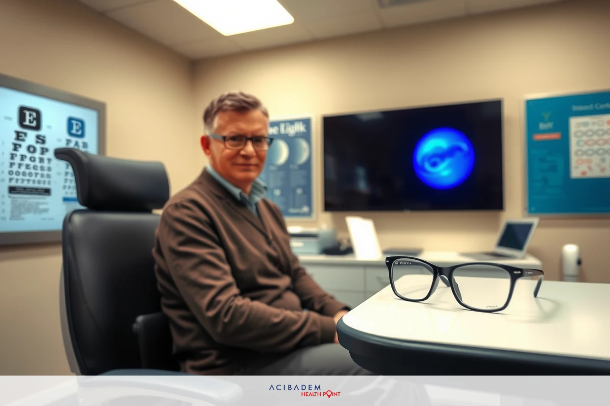 Man sitting in a modern, well-equipped room with multiple screens, possibly for medical or research consultation. He is wearing glasses and appears to be engaged in a professional setting.